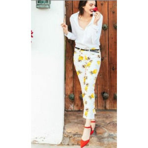 Women’s White Floral Slim Jeans with Yellow Print